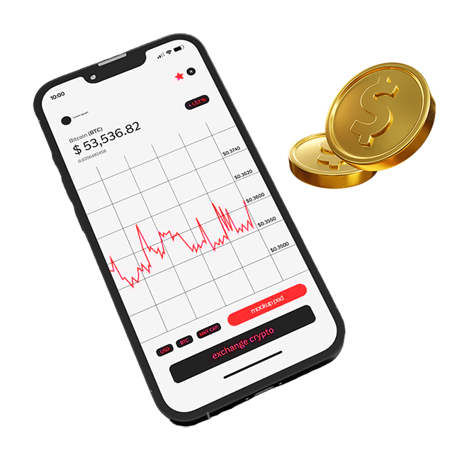 NovaStackMarkets mobile app with BTC chart and floating coins